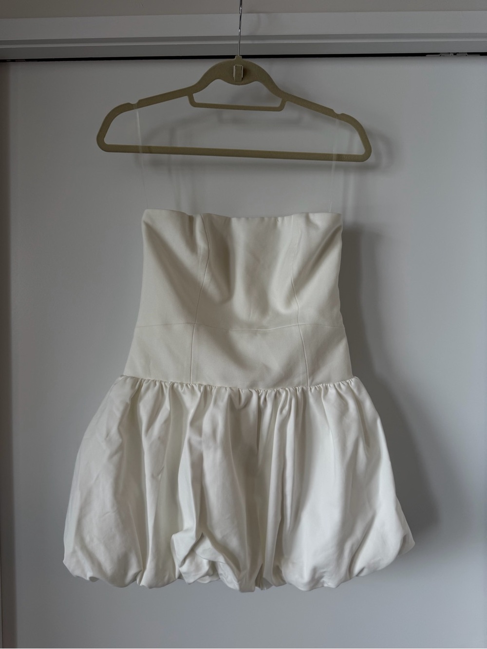 Meshki Cream Strapless Bubble Hem Mini Dress